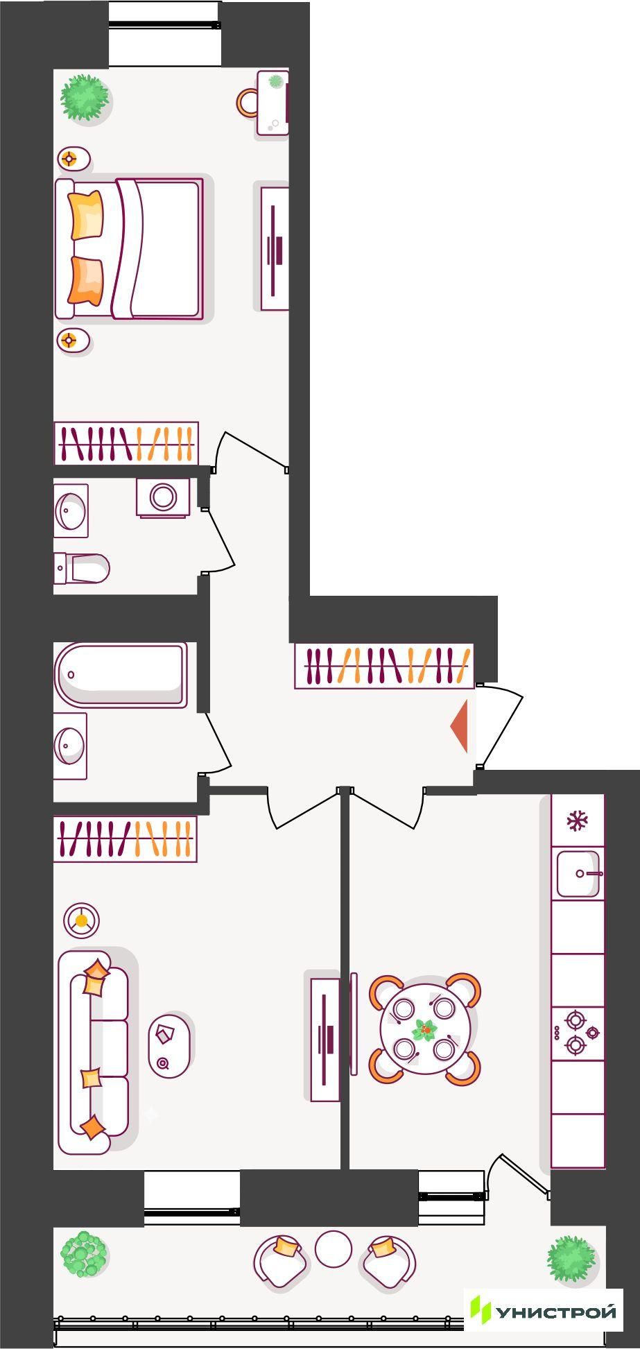 2-комнатная 53 м2 в ЖК Южный бульвар корпус null этаж 2
