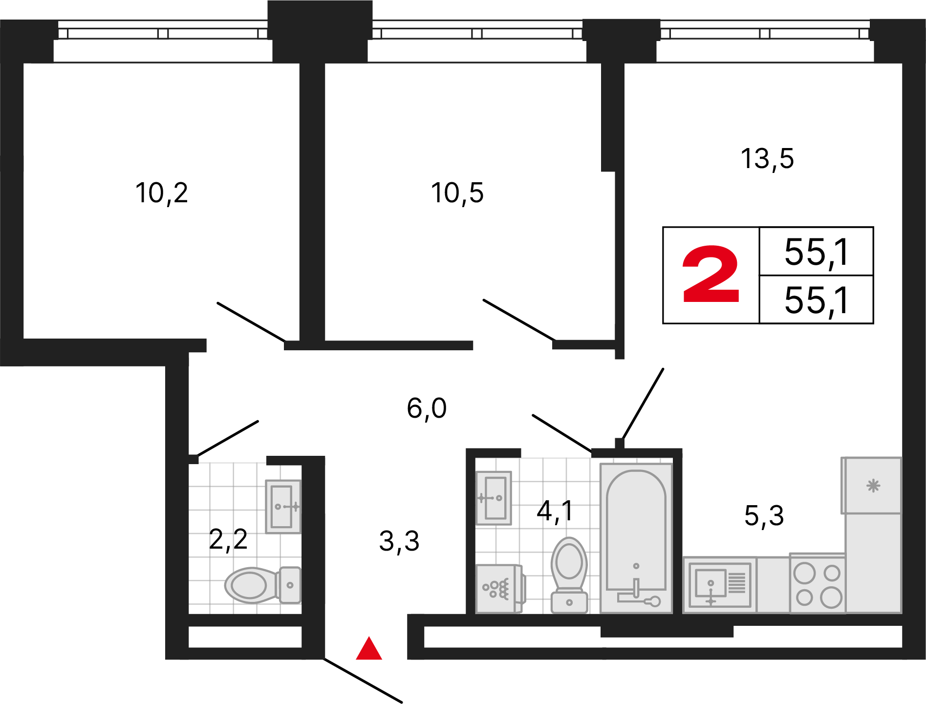 2-комнатная 55 м2 в ЖК Бестселлер корпус null этаж 15