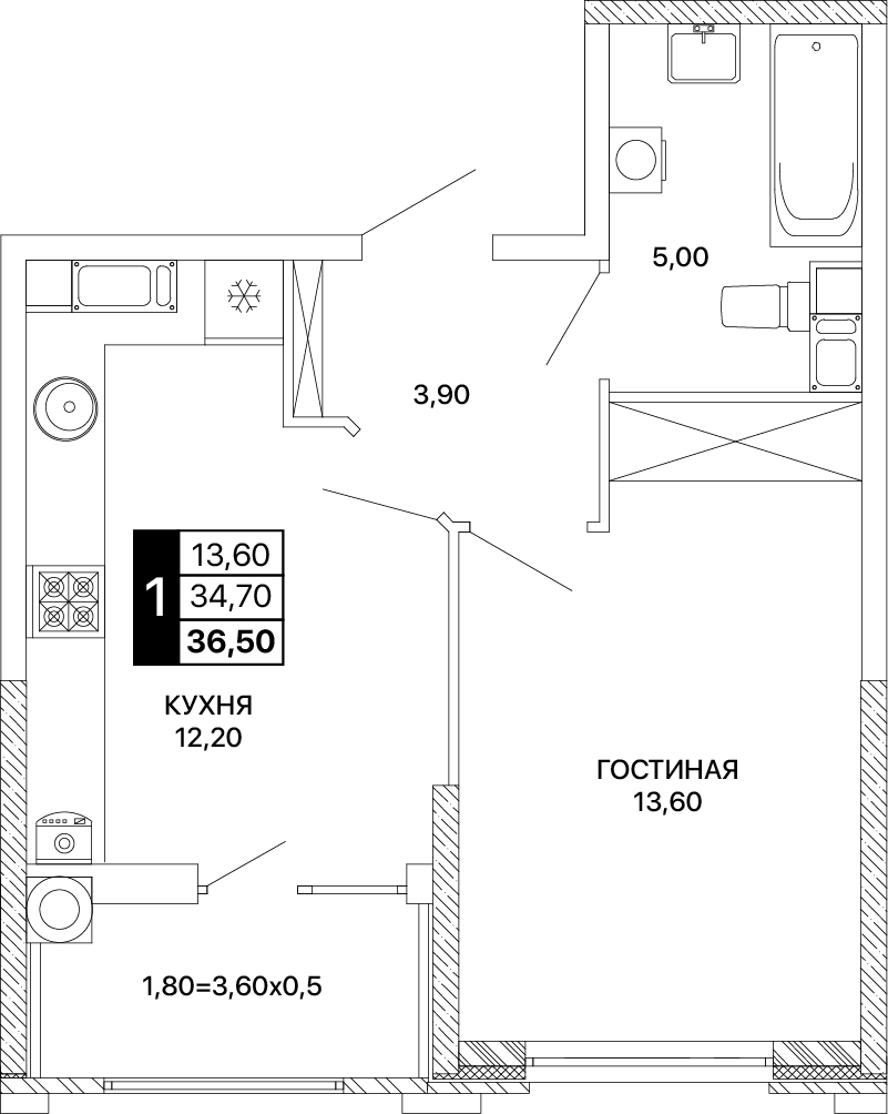 1-комнатная 36 м2 в ЖК Сияние корпус null этаж 3