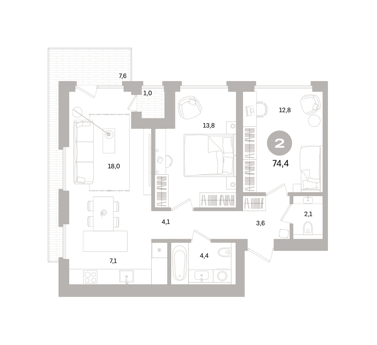 2-комнатная 74 м2 в ЖК Северный ветер корпус null этаж 4