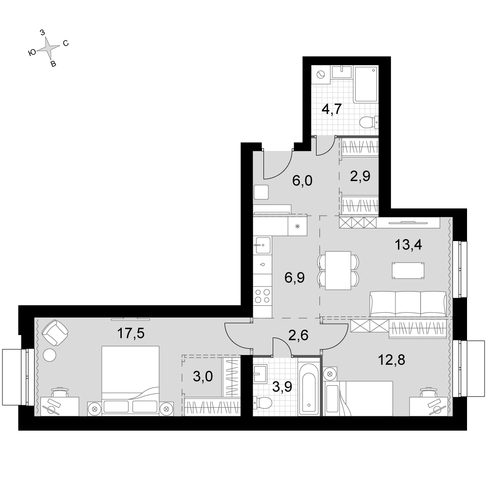 3-комнатная 73 м2 в ЖК Дубровицы Клаб корпус null этаж 2