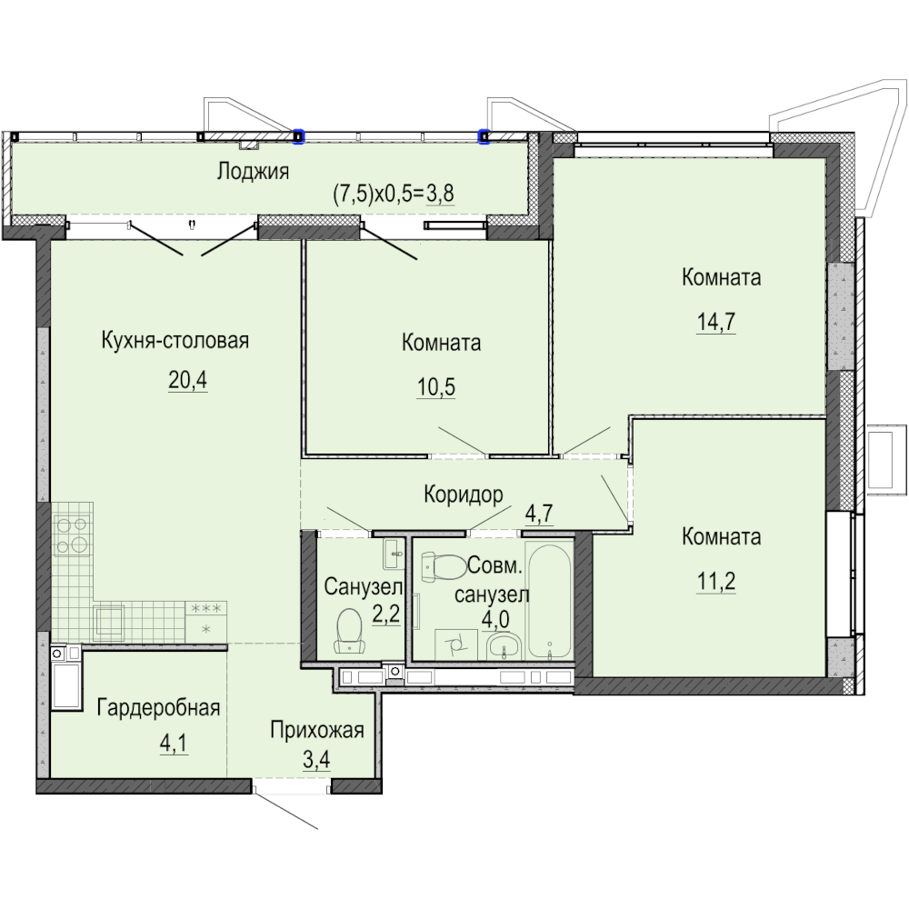 3-комнатная 79 м2 в ЖК А14 корпус null этаж 15