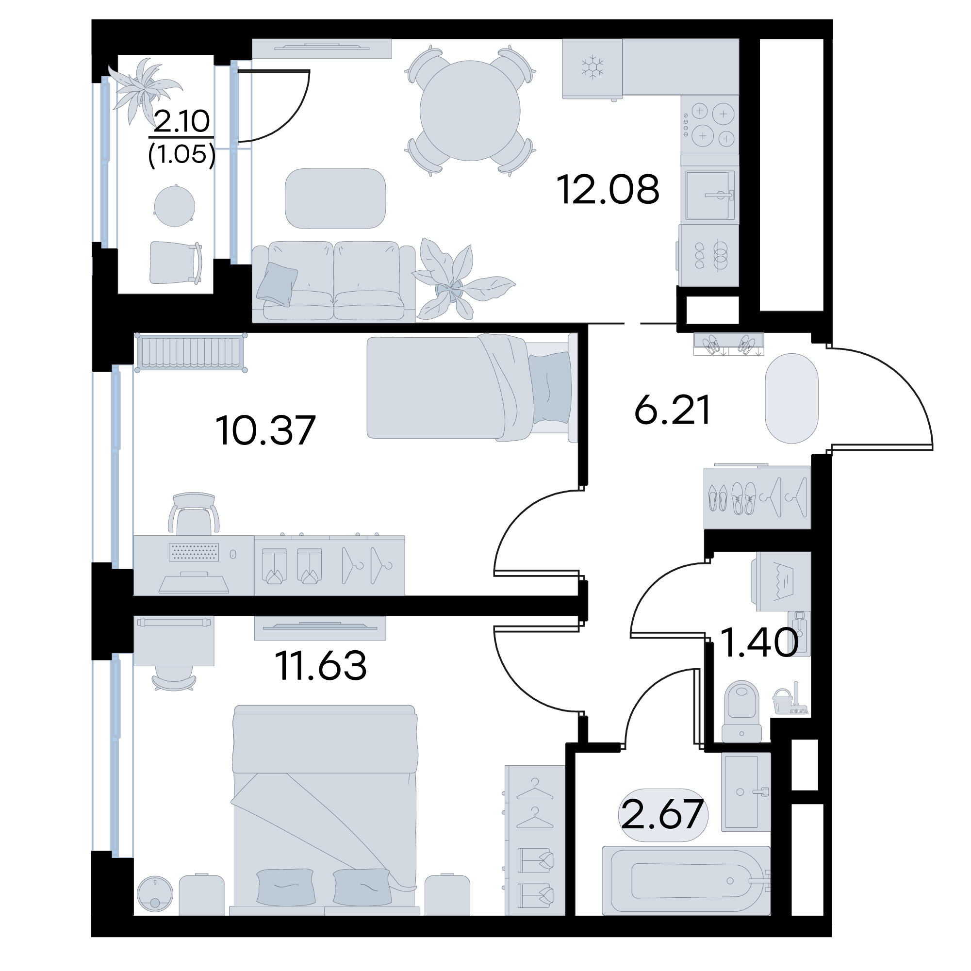 2-комнатная 45 м2 в ЖК Октябрьский корпус null этаж 12