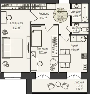 2-комнатная 59 м2 в ЖК Звездный корпус null этаж 8