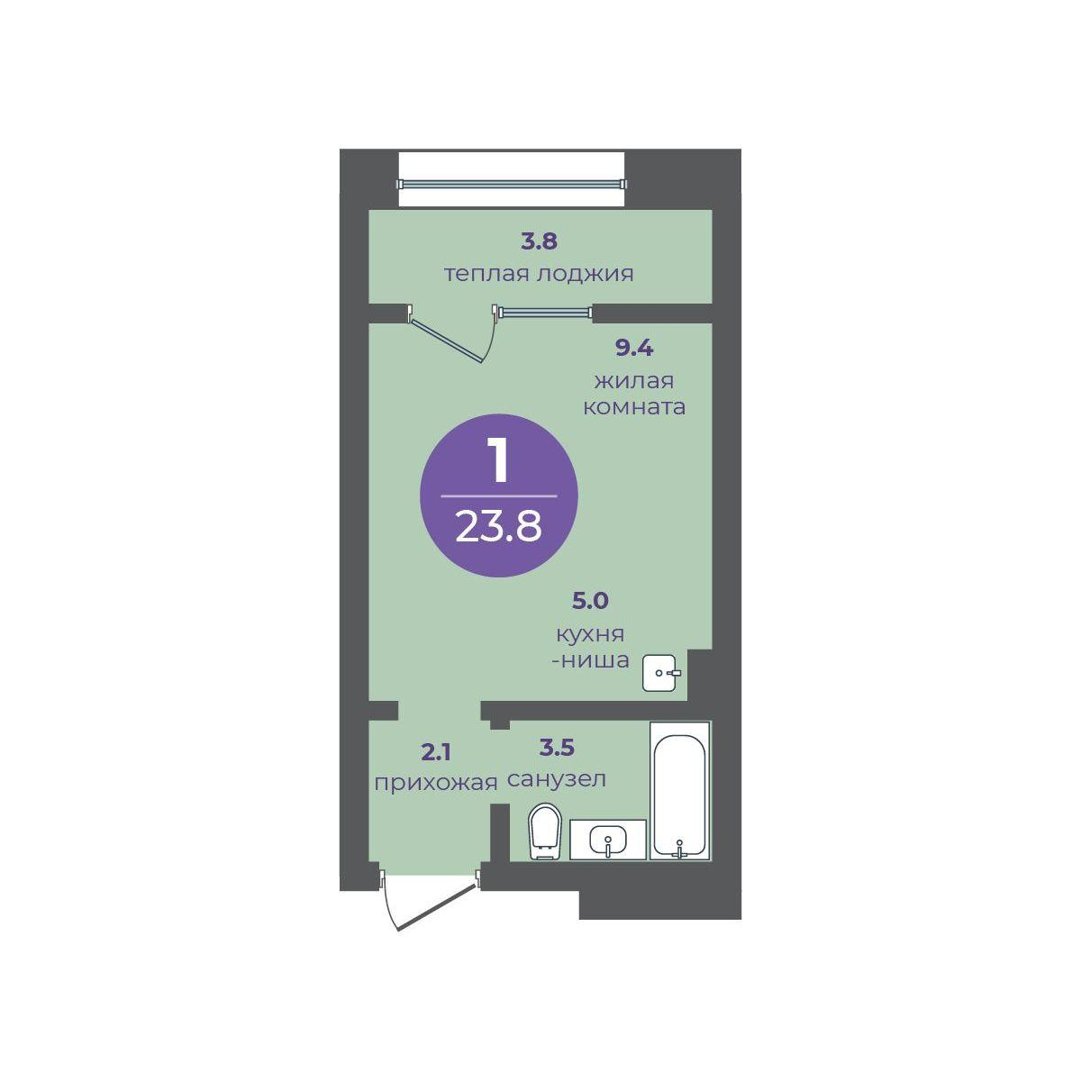 1-комнатная 23 м2 в ЖК Перемены корпус null этаж 1