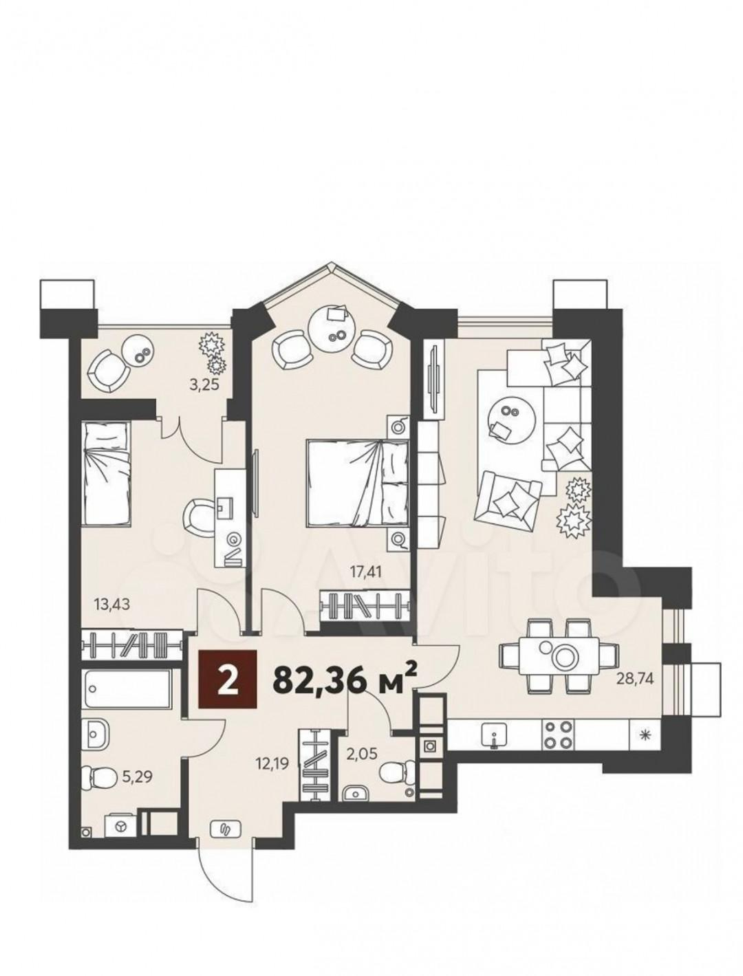 2-комнатная 82.4 м2 в ЖК undefined корпус null этаж 7