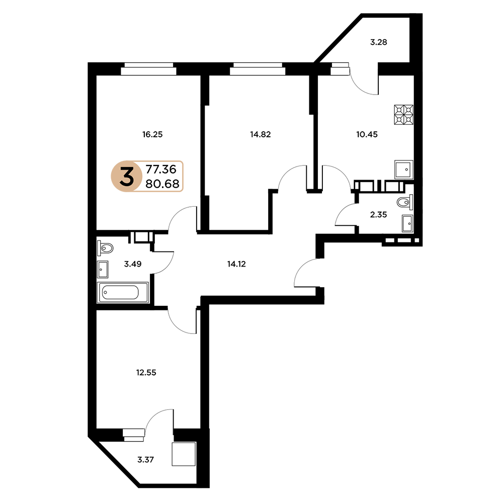3-комнатная 76 м2 в ЖК Московский корпус null этаж 10