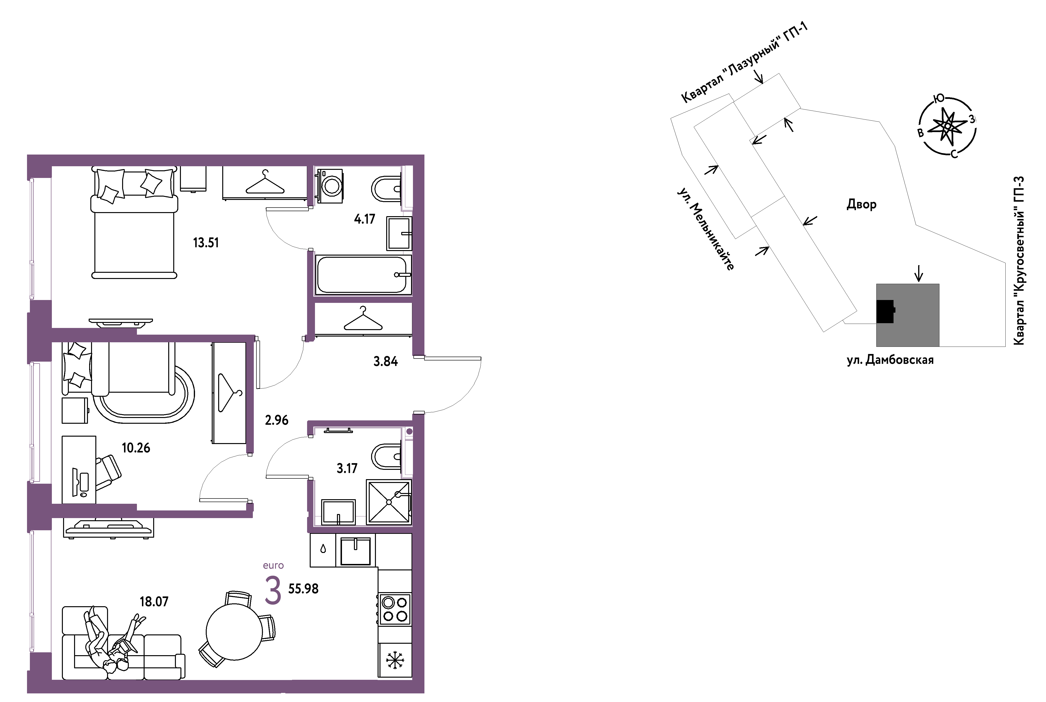 3-комнатная 55 м2 в ЖК Страна.Прибрежная корпус null этаж 4