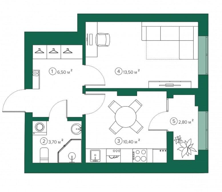 1-комнатная 35.5 м2 в ЖК undefined корпус null этаж 7