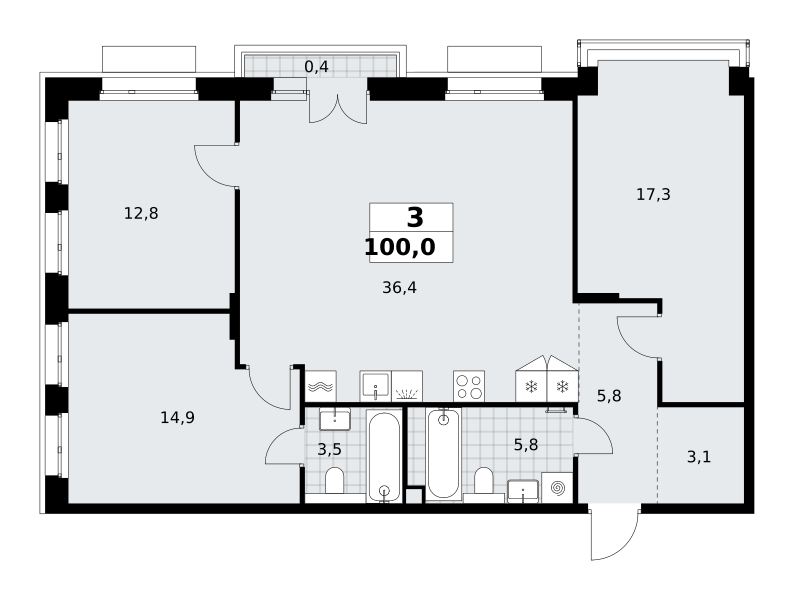 3-комнатная 100 м2 в ЖК Хольм корпус null этаж 3