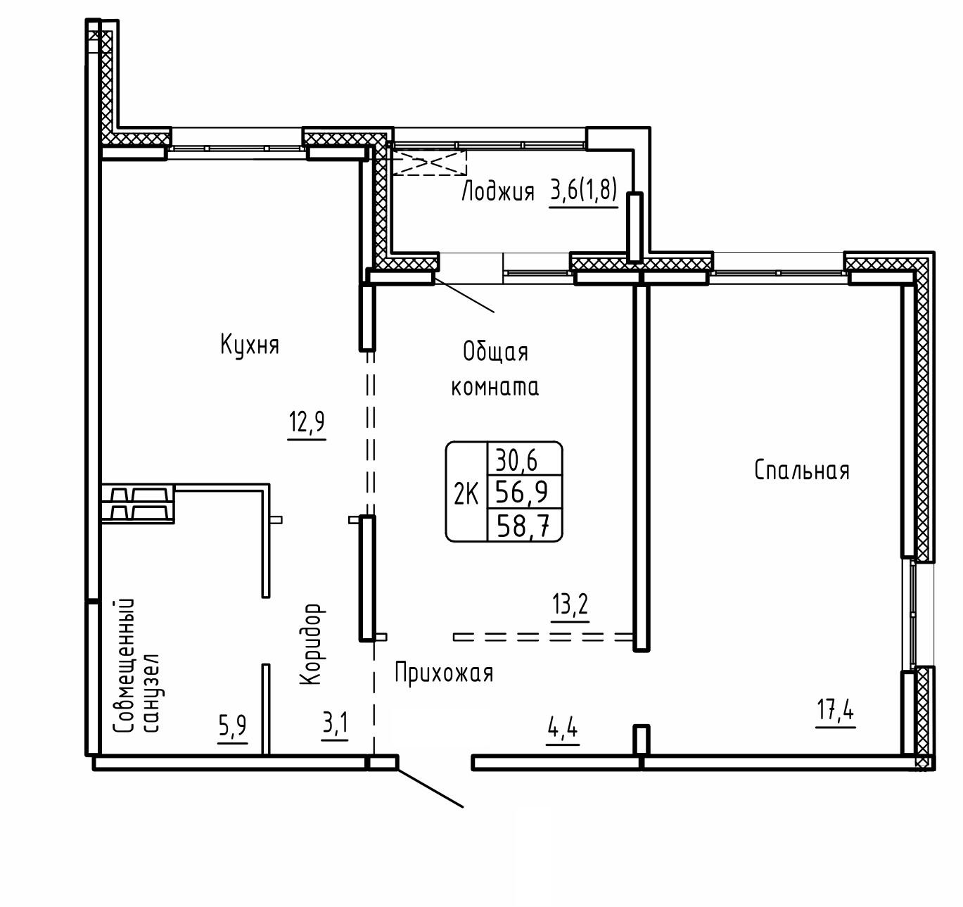 2-комнатная 58 м2 в ЖК Самоцветы корпус null этаж 1