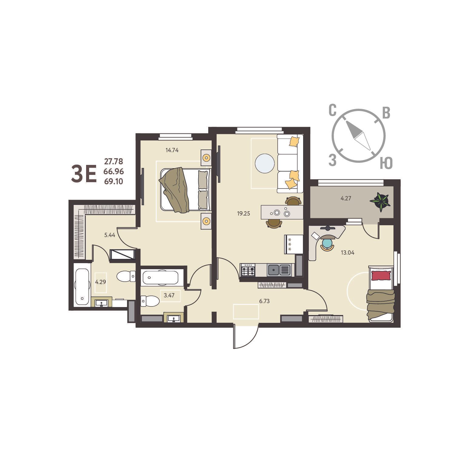 2-комнатная 69 м2 в ЖК Инстеп.Сити корпус null этаж 8