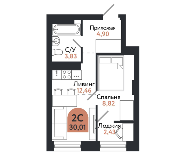 2-комнатная 30 м2 в ЖК undefined корпус null этаж 23