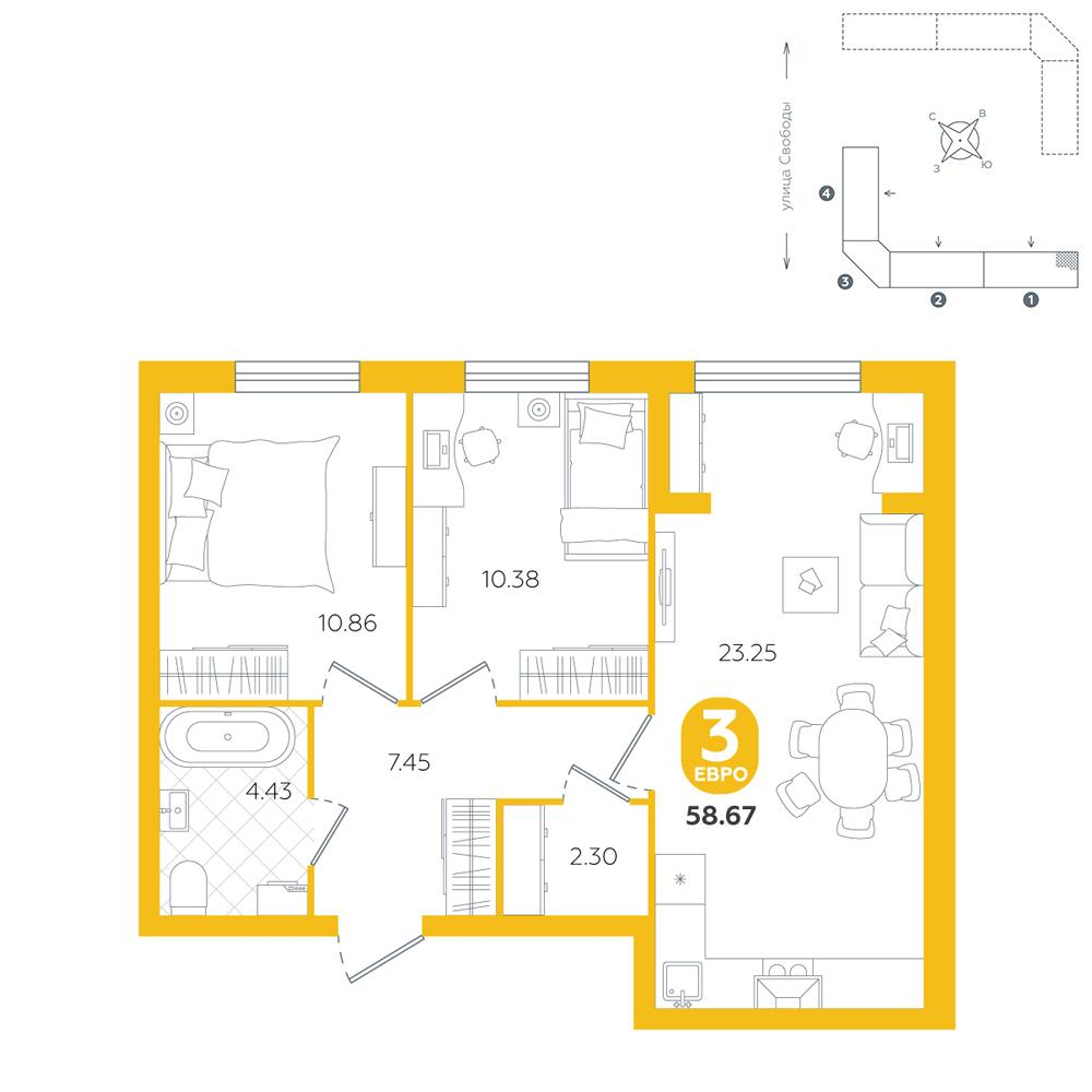 2-комнатная 58 м2 в ЖК Счастье (Ялуторовск) корпус null этаж 3