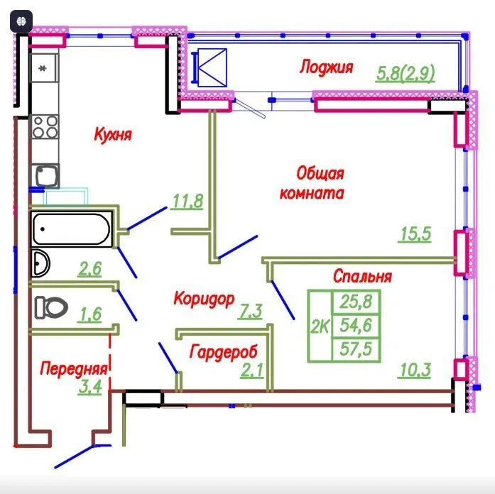 2-комнатная 55.6 м2 в ЖК undefined корпус null этаж 23