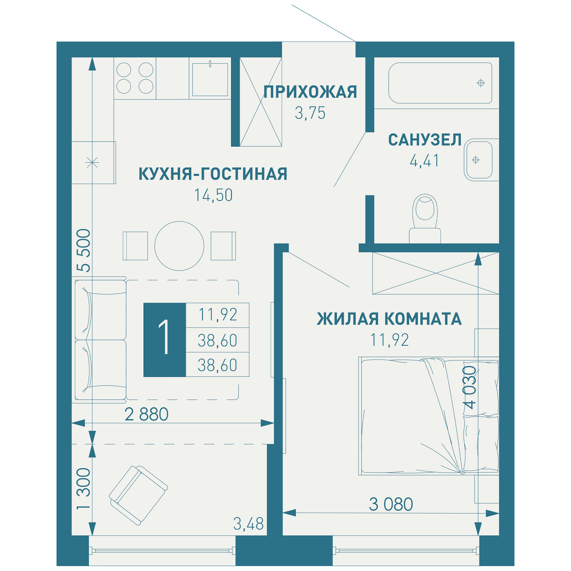 1-комнатная 40 м2 в ЖК ИНАЧЕ в Молодежном корпус null этаж 9