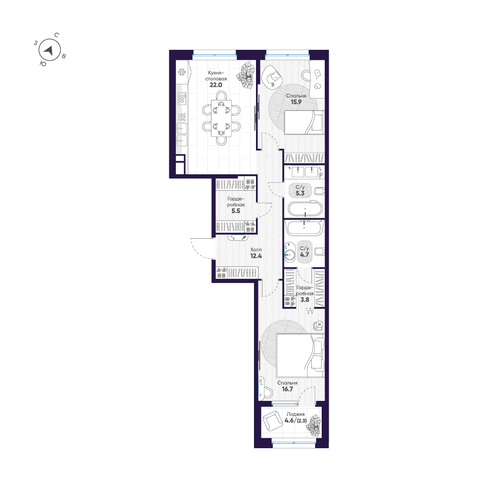 2-комнатная 88 м2 в ЖК ЛДМ корпус null этаж 7