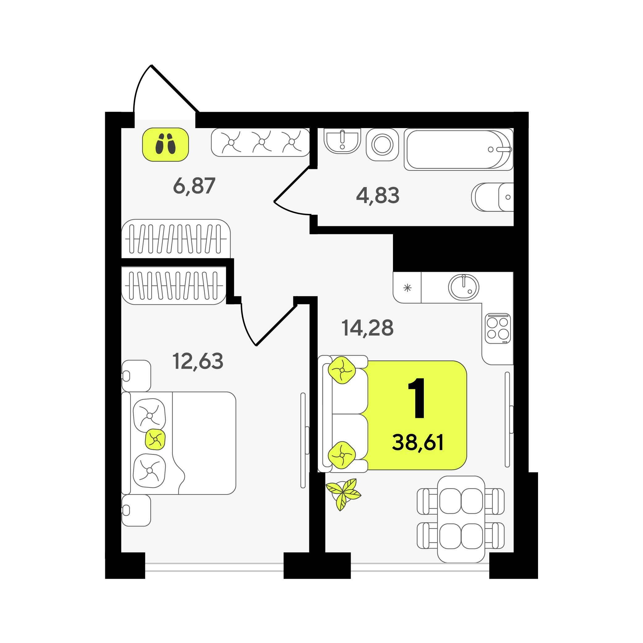 1-комнатная 38 м2 в ЖК Окинава корпус null этаж 4