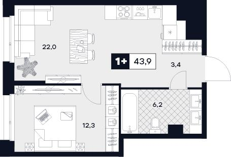 1-комнатная 43 м2 в ЖК Юту корпус null этаж 2
