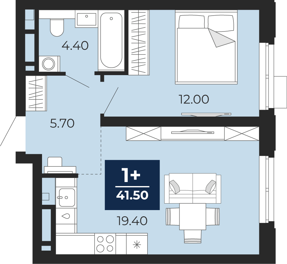 1-комнатная 41 м2 в ЖК Айвазовский корпус null этаж 16