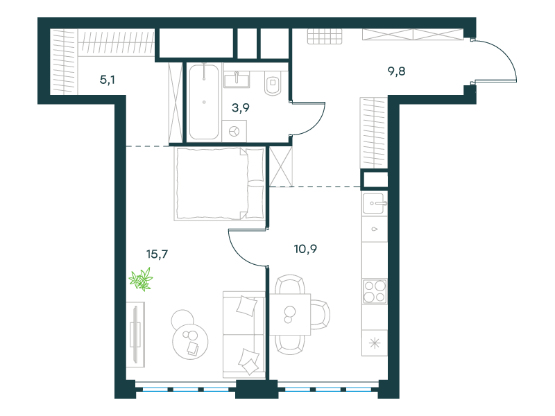 1-комнатная 45 м2 в ЖК Левел Южнопортовая корпус null этаж 50