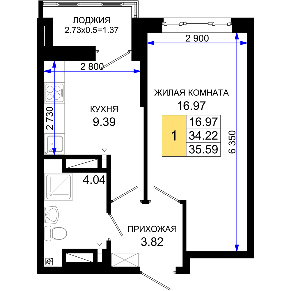 1-комнатная 35 м2 в ЖК Октябрь парк корпус null этаж 4
