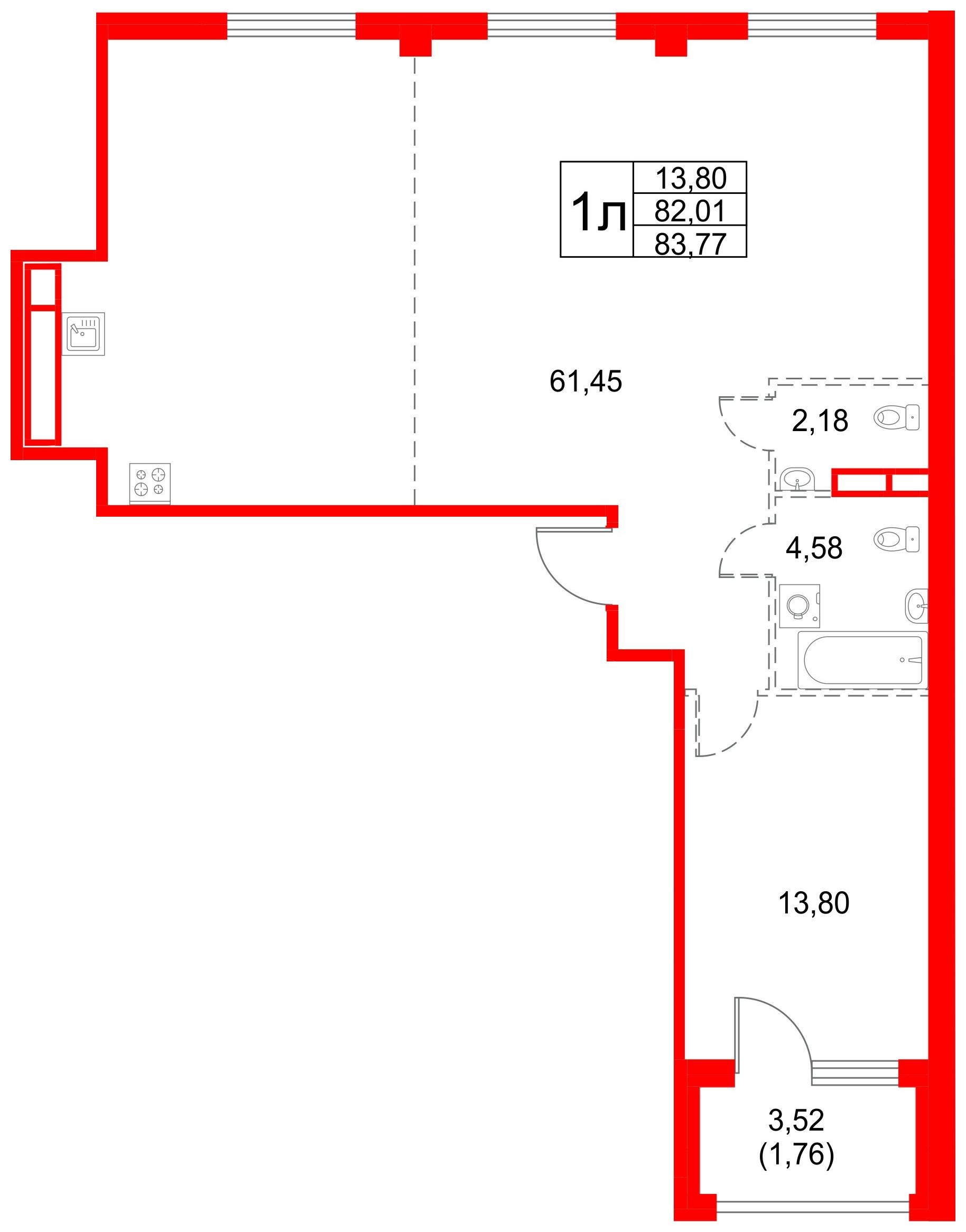 1-комнатная 83 м2 в ЖК Кронфорт. Центральный корпус null этаж 2