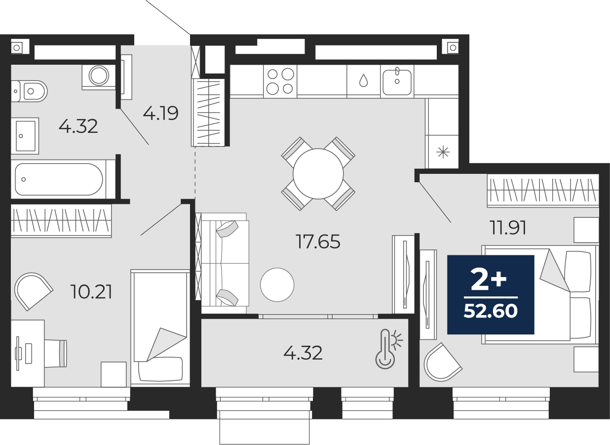 2-комнатная 52 м2 в ЖК Мириады корпус null этаж 9
