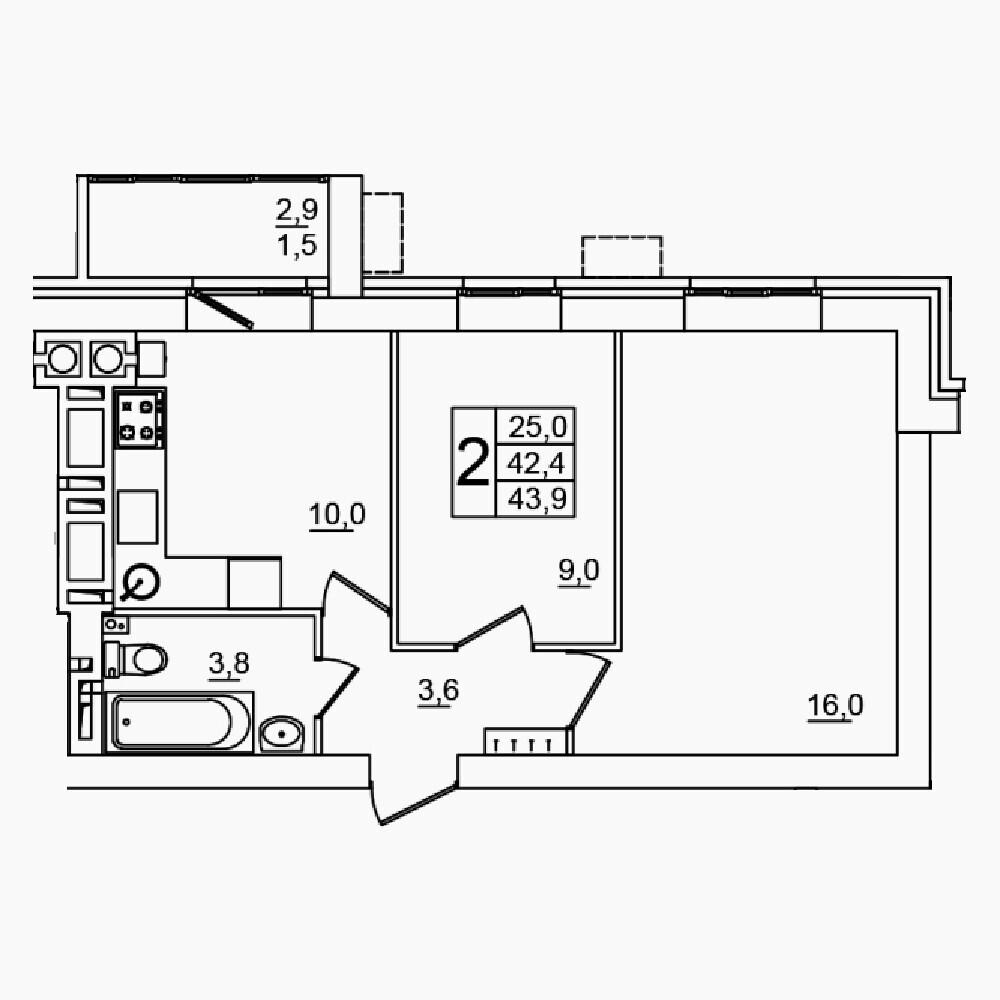 2-комнатная 43 м2 в ЖК Колизей корпус null этаж 1