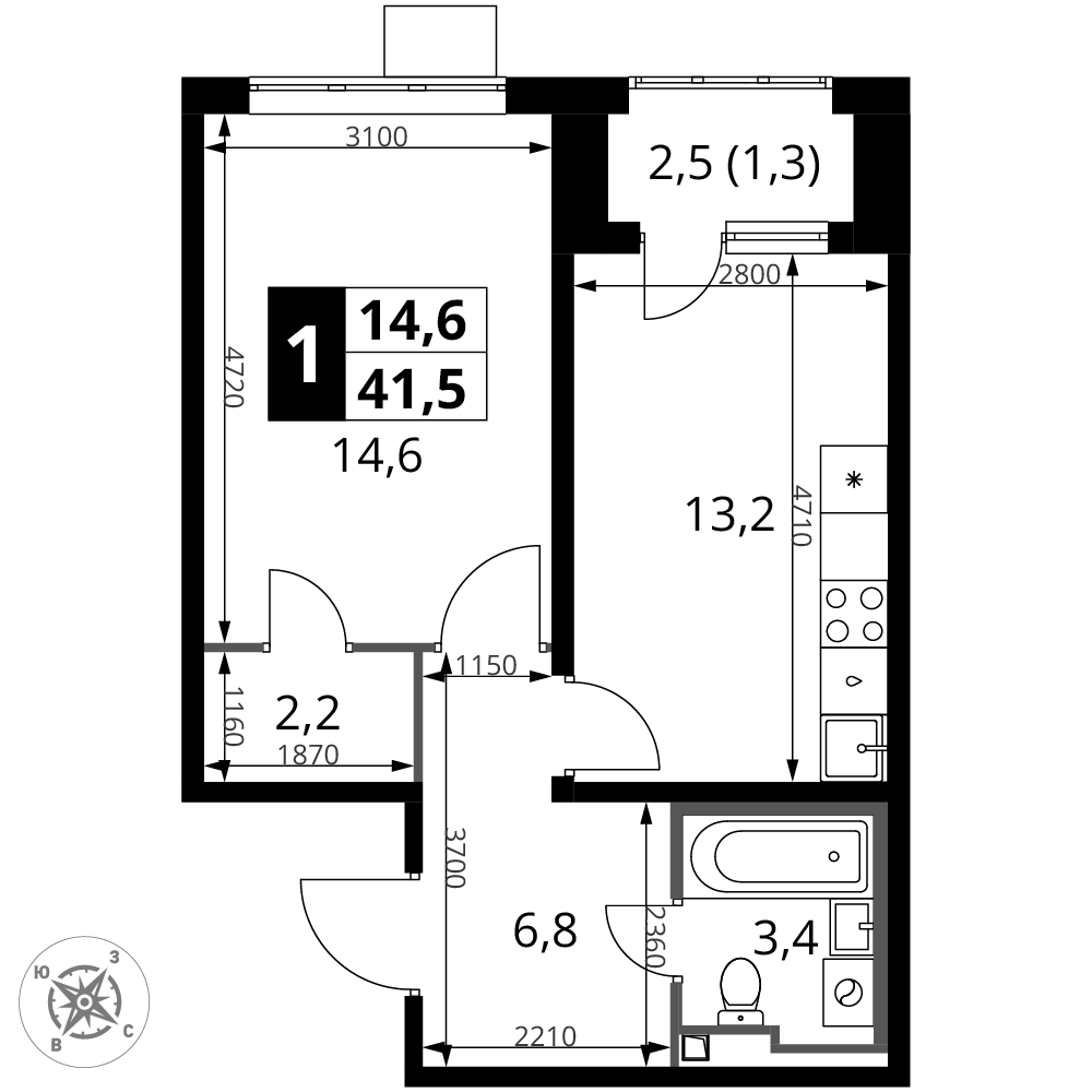 1-комнатная 41 м2 в ЖК 1-й Донской корпус null этаж 8