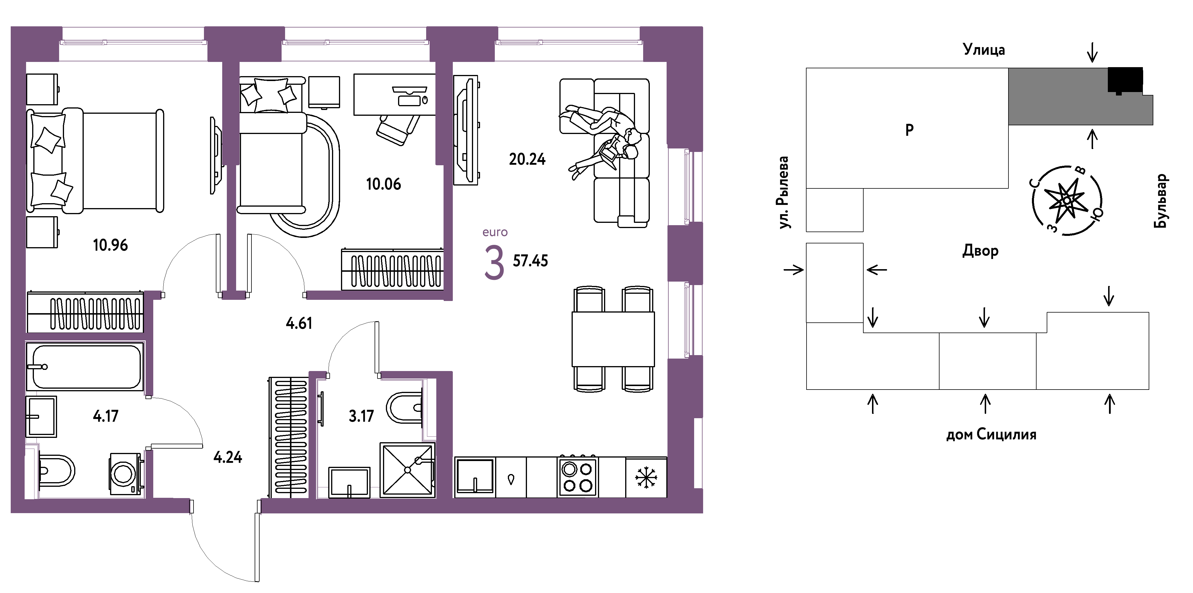 3-комнатная 57 м2 в ЖК Остров-сад корпус null этаж 6