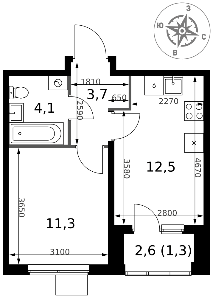 1-комнатная 32 м2 в ЖК 1-й Ясеневский корпус null этаж 4