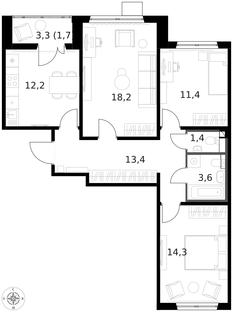3-комнатная 76 м2 в ЖК 1-й Ленинградский корпус null этаж 14
