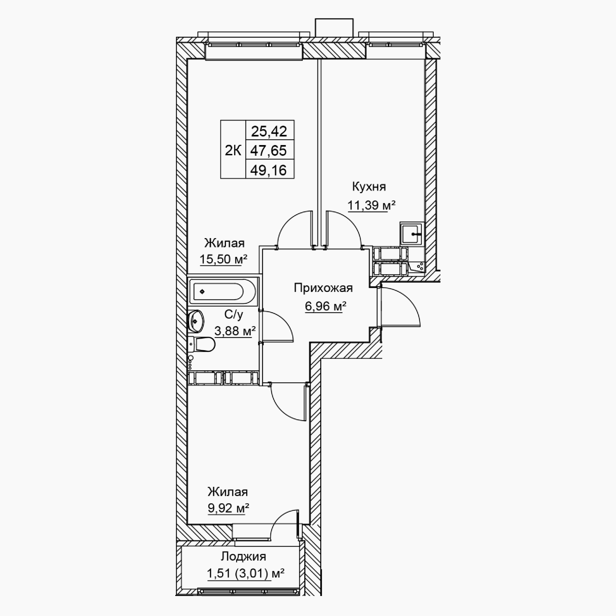 2-комнатная 49 м2 в ЖК Сталь корпус null этаж 15