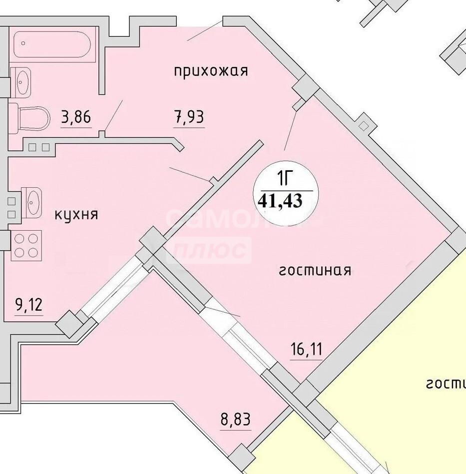1-комнатная 41.4 м2 в ЖК undefined корпус null этаж 6