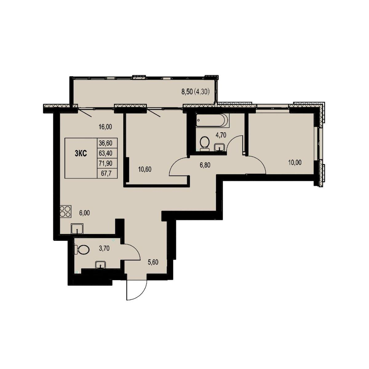 3-комнатная 67 м2 в ЖК Автограф корпус null этаж 18