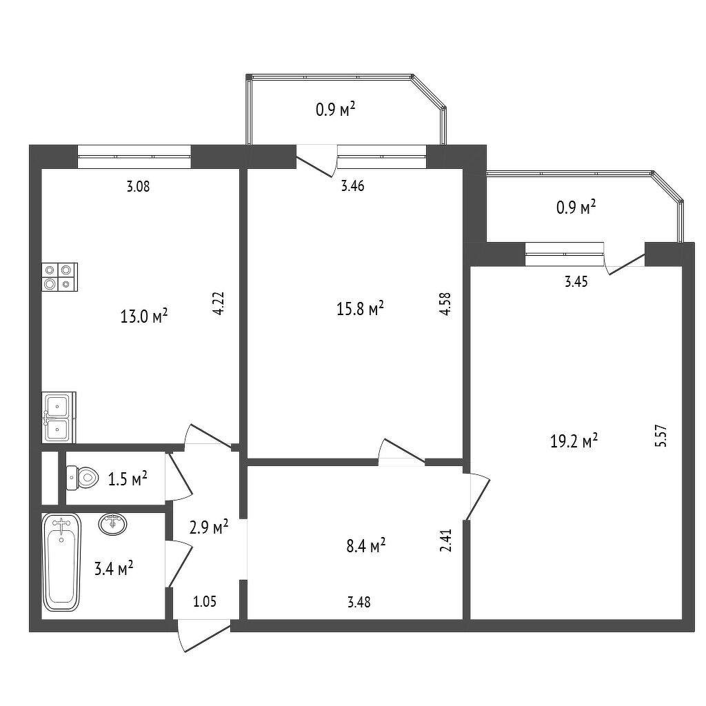 2-комнатная 64.2 м2 в ЖК undefined корпус null этаж 2