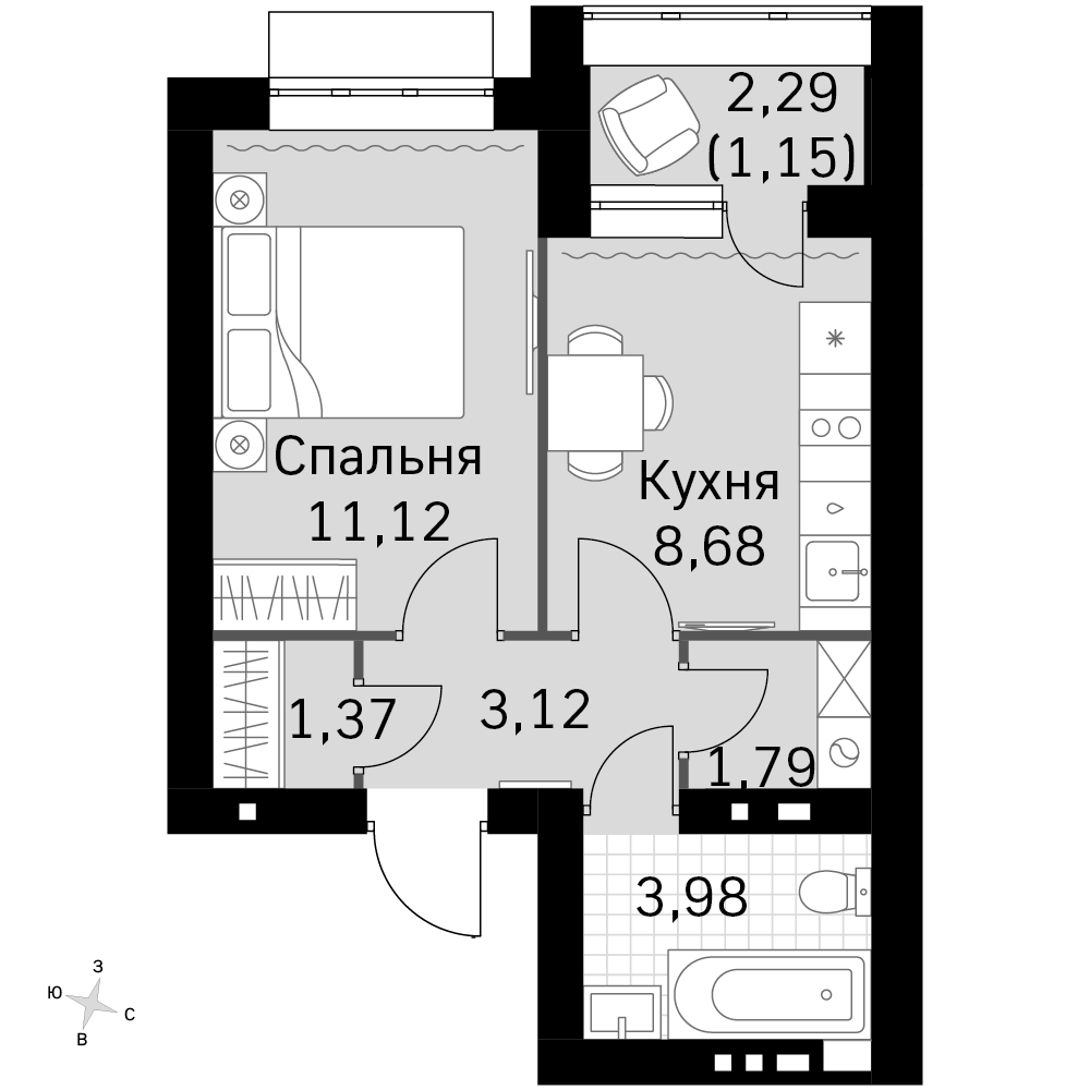 1-комнатная 32 м2 в ЖК Жаворонки Клаб корпус null этаж 2
