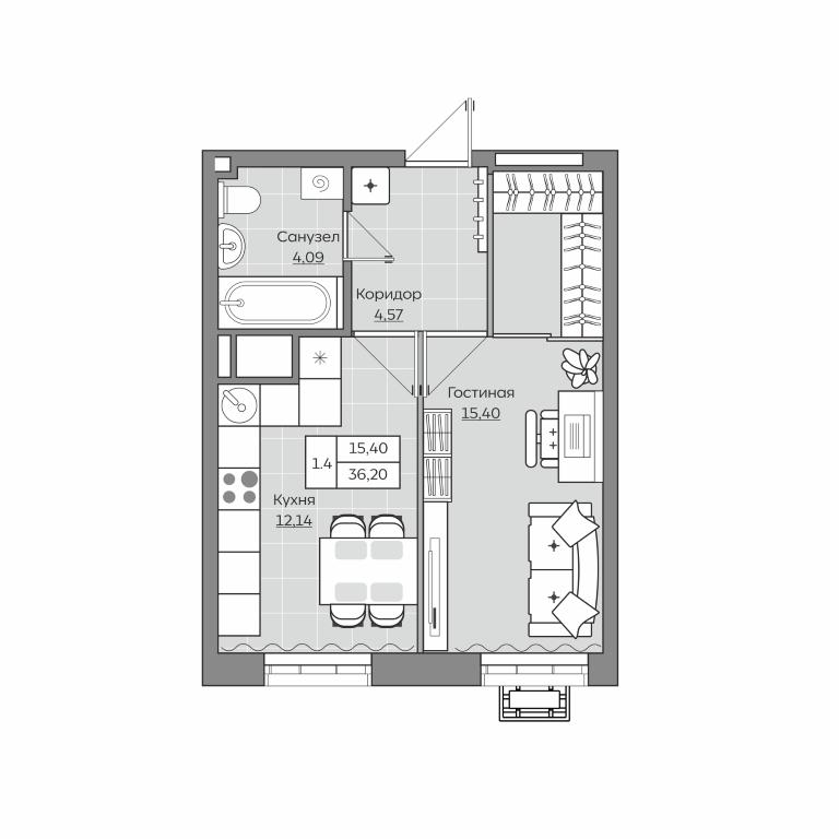1-комнатная 36 м2 в ЖК Отражение корпус null этаж 12