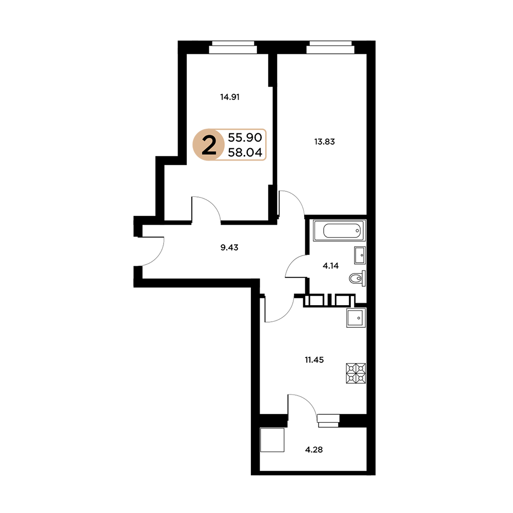 2-комнатная 57 м2 в ЖК Московский корпус null этаж 14