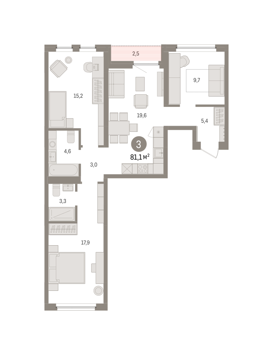 3-комнатная 81 м2 в ЖК Зарека корпус null этаж 4