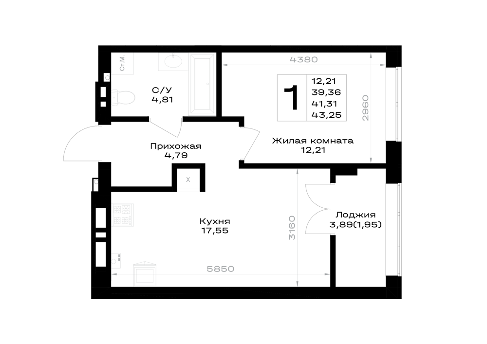 1-комнатная 41 м2 в ЖК Включи корпус null этаж 6