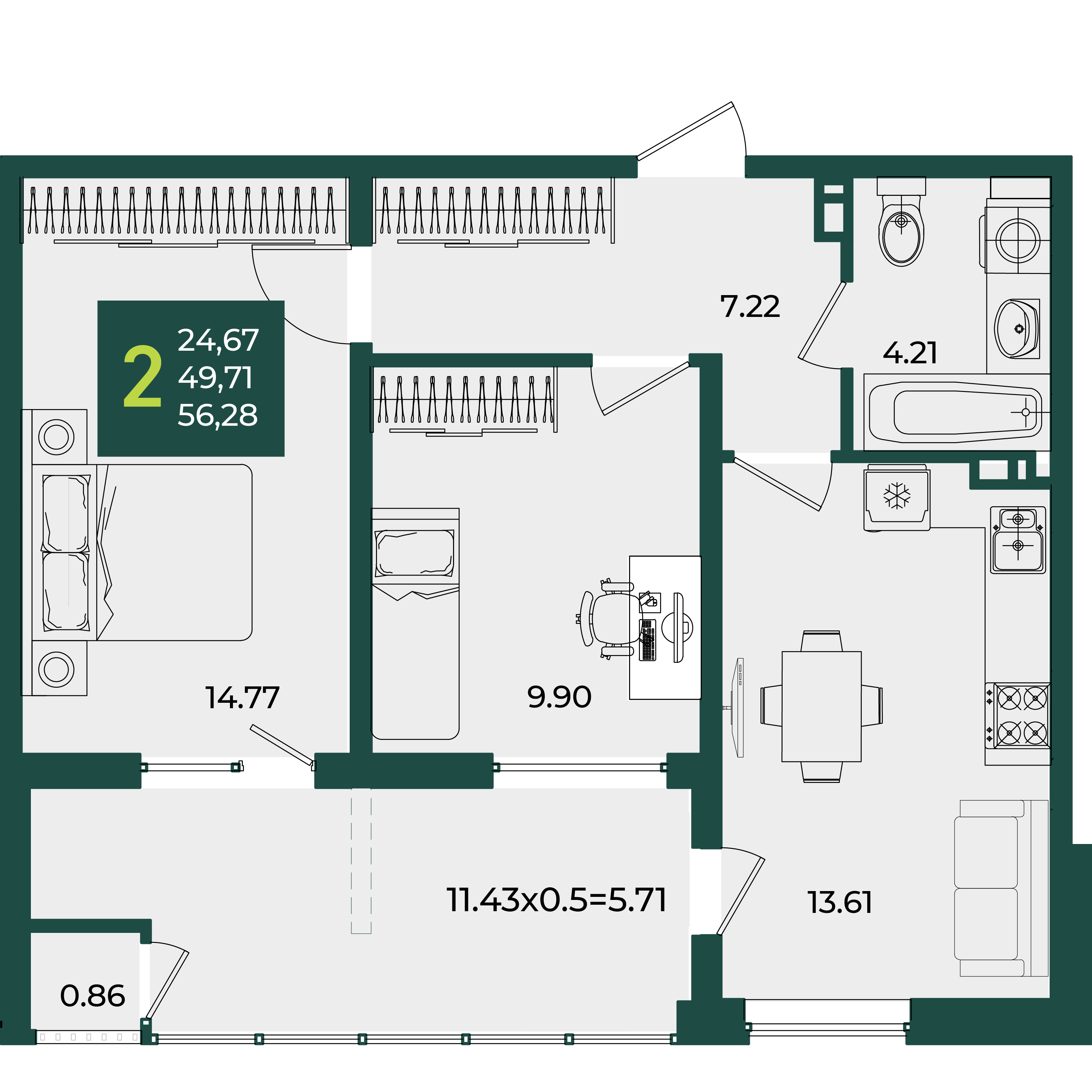 2-комнатная 56 м2 в ЖК Образцово корпус null этаж 7