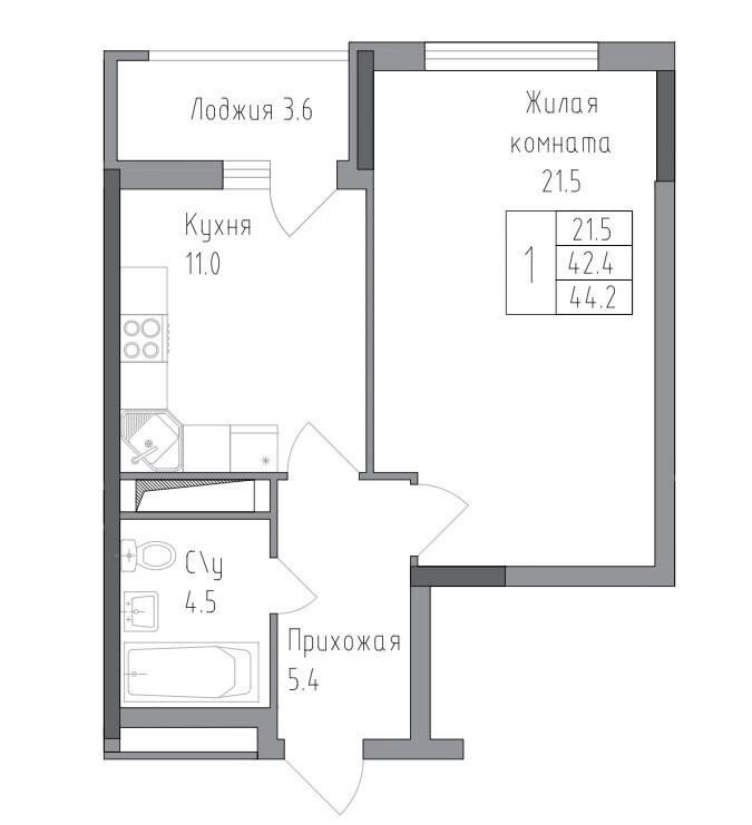 1-комнатная 47.8 м2 в ЖК undefined корпус null этаж 9