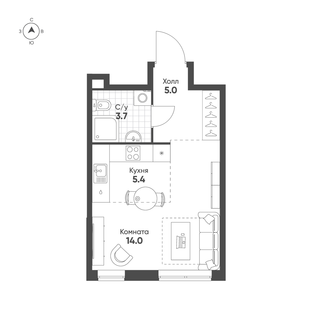 1-комнатная 28 м2 в ЖК Sokolinn Park корпус null этаж 2