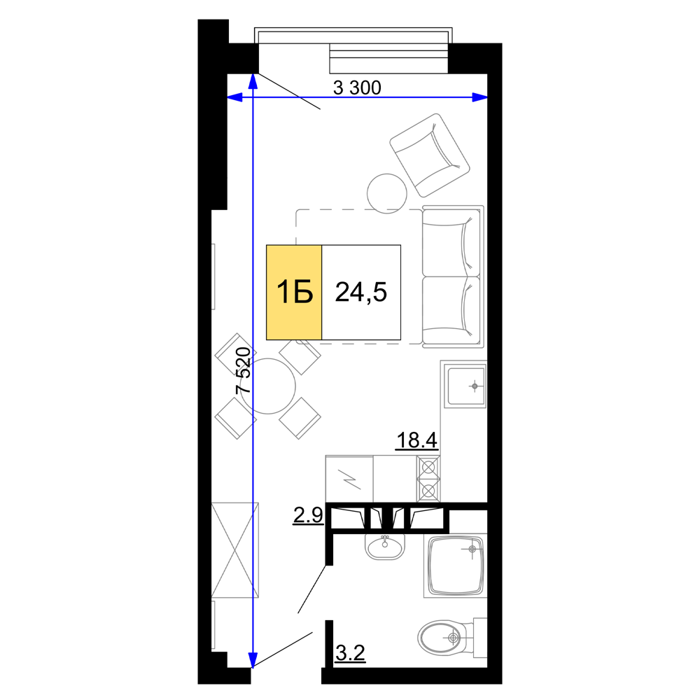 1-комнатная 24 м2 в ЖК Мореград корпус null этаж 9