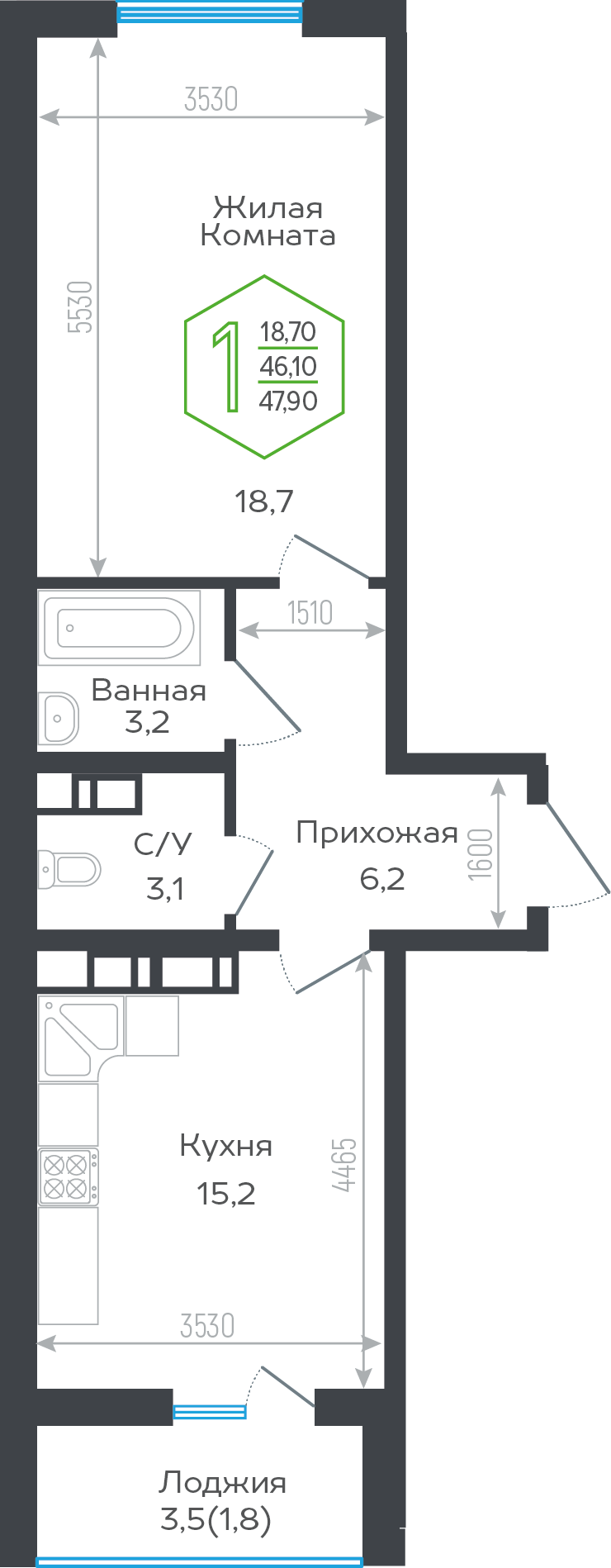 1-комнатная 46 м2 в ЖК Гарантия Прайм корпус null этаж 11