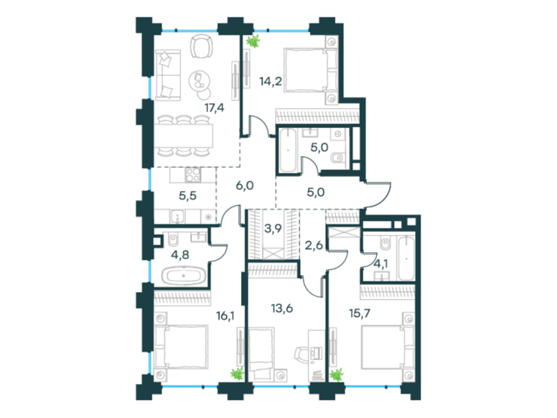 5-комнатная 113 м2 в ЖК Level Бауманская корпус null этаж 9
