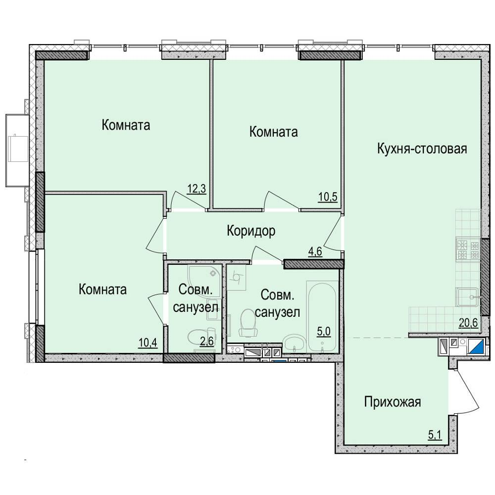 3-комнатная 71 м2 в ЖК Невский корпус null этаж 3
