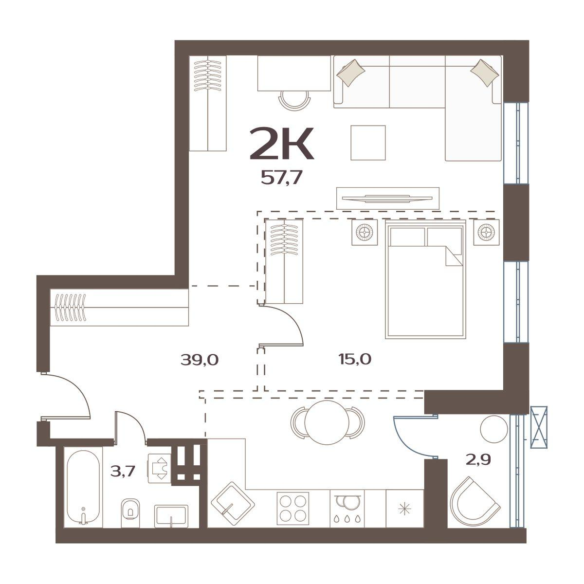2-комнатная 57 м2 в ЖК Меридианы Улисса корпус null этаж 14